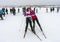 02/09/2019 Lipetsk, Russian Ski Track. Two skiers athletes hug after the finish