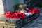 02-28-2021 Portsmouth, Hampshire, UK Poppy wreaths laid at the foot on a war memorial on remembrance day