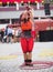 02 August 2019 - Young woman juggling with rings in a street circus performance during a medieval event `Viagem Medieval em Terra