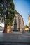 03-08-2023 Zurich city Switzerland. Wide-angle view of Wasserkirche or Water Church. Setting sun in the background, large