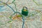 03/18/2020 Portsmouth, Hampshire, UK Carlisle Shown on a road map or geography map with a padlock on top to represent a city in
