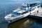 06/06/2020. Ukraine. Kiev. River pleasure boat moored to board passengers on deck