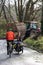 06/09/2019 Gosport, Hampshire, UK Cyclists riding on country lanes following a tractor in the background