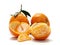0621 Several tangerines with stems and leaves one open with split single fruit