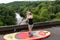 08-08-2020, Pontcysyllte Aqueduct, Wales, UK. Woman on paddling board crossing River Dee