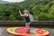 08-08-2020, Pontcysyllte Aqueduct, Wales, UK. Woman on paddling board crossing River Dee