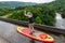 08-08-2020, Pontcysyllte Aqueduct, Wales, UK. Woman on paddling board crossing River Dee