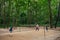 09/04/2020 Moscow, Russia. The moment of impact. people play badminton in Tsaritsyno park