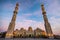 09/11/2018 Hurghada, Egypt, New snow-white mosque Al Mina on the Red Sea coast at dusk and highlighted