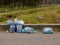 09/14/2019 Connemara region, county Galway, Ireland, Blue rubbish bags on a side of a road ready for collection. Recycling in the