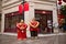 1 10 2021 National flag of China, regional flag, pedestrian, Statues of lovers in Tang suit, red lanterns in Lee Tung Avenue