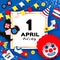 1 April Fools day. Funny Crazy Mask Glasses. Kick me prank paper sticker. Funny Clown, red wig. Clown shoes and bow in