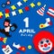 1 April Fools day. Funny Crazy Mask Glasses. Kick me prank paper sticker. Funny Clown, red wig. Clown shoes and bow in