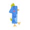 1 bird number. One blue numeral with eyes, beak and wings cute cartoon vector illustration