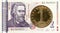 1 bulgarian stotinka coin against 2 bulgarian lev note