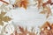1 Cup of  cocoa with marshmallows, autumn yellow maple leaves, cones, cinnamon sticks, a gift box, a sprig of white flowers and
