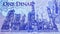 1 Dinar polymer banknote, Bank of Libya, closeup bill fragment shows Oil refinery