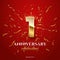 1 golden number and Anniversary Celebrating text with golden serpentine and confetti on red background. Vector first