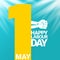 1 may Happy labour day vector label with strong protest fist in the air on blue sky background with rays. vector happy