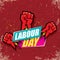 1 may Happy labour day vector label with strong protest fist in the air on vintage red background. vector happy labor