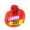 1 may Happy labour day vector label with strong protest fist in the air on vintage red watercolor stricket background