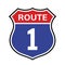 1 route sign icon. Vector road 1 highway interstate american freeway us california route symbol