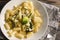 1 white plate with tortilloni with sauce and spinach and cheese, broccoli, fork, napkin on a light background, spinach paste