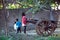 10-01-2020, MP, India, Rural children playing near the old vine cart on Indian farms