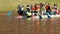 10-05-2019 Ai River - Bashkortostan, Russia: People are floating on the raft boat using paddles