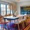 10 A colorful, bohemian-inspired dining room with mismatched chairs, a patterned rug, and macrame decor1, Generative AI