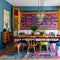 10 A colorful, bohemian-inspired dining room with mismatched chairs, a patterned rug, and macrame decor3, Generative AI