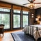 10 A cozy, rustic-inspired bedroom with a mix of wooden and metal finishes, a classic wrought iron bed, and a mix of patterned a