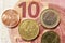 10 Euro banknote and coins closeup