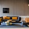 10 A mid-century modern living room with a low-slung sofa, a sculptural coffee table, and a bold area rug3, Generative AI