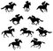 10 racing horses and jockeys silhouettes