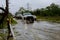 10 SEPTEMBER 2018 NJ USA:Car traffic in a heavy rain on a flooded road
