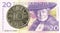 10 swedish oere coin against 20 swedish krona bank note