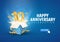 10 th years anniversary banner with open burst gift box. Template tenth birthday celebration and abstract text on blue background