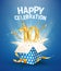 10 th years anniversary and open gift box with explosions confetti. Template tenth birthday celebration on blue background vector