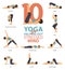 10 Yoga poses for Yoga at home in concept of helping out stressed mind in flat design. Woman exercising for body stretching.