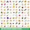 100 delicious dishes icons set, isometric 3d style