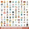 100 emotions training icons set, flat style