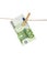 100 Euro banknote hanging on clothesline on white background.