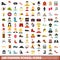 100 fashion school icons set, flat style