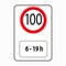 100 kmh speed limit sign. Limited time. Traffic laws. Regulation concept. Road post. Vector illustration. Stock image.