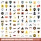 100 museum collection icons set, flat style