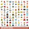 100 outfit icons set, flat style