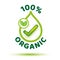100 percent organic with green leaf label icon on white background for organic bio pharmacy and natural skincare cosmetic product