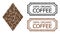 100 Percents Organic Coffee Textured Seals with Notches and Filled Rhombus Collage of Coffee Seeds