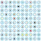 100 program adjustment icons set, flat style